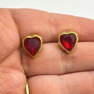 Avon Gold-Tone Heart Red Crystal Stud Earrings